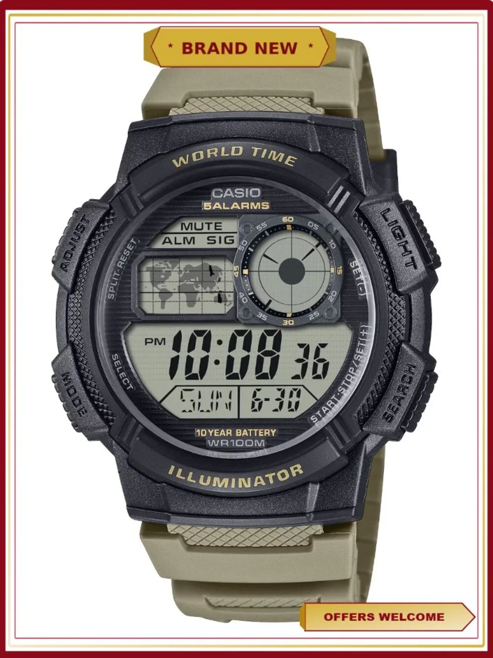 Mens Digital Watch Quartz 10-Year Battery 100M Water Resistant LED Light